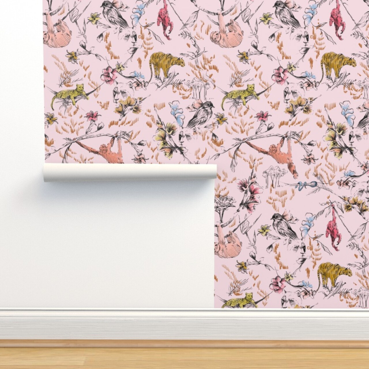 Pink Chinoiserie Monkey Sloth Tiger Cheetah Jungle Tropical Animal Bird Floral Botanical Toile Custom Removable Wallpaper by Spoonflower Peel & Stick Wallpaper 2FT Wide